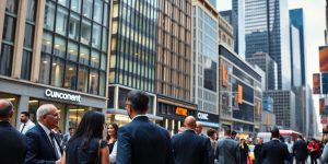 Peisaj urban dinamic cu oameni in costume negre.