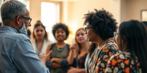 Grup divers de oameni discutând politici sociale.