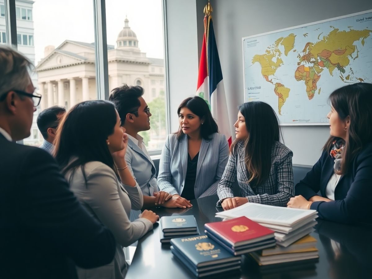 Oameni discutând, drapel, hartă, pașapoarte, clădiri