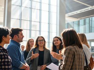 Oameni interacționând într-un spațiu luminos și deschis.