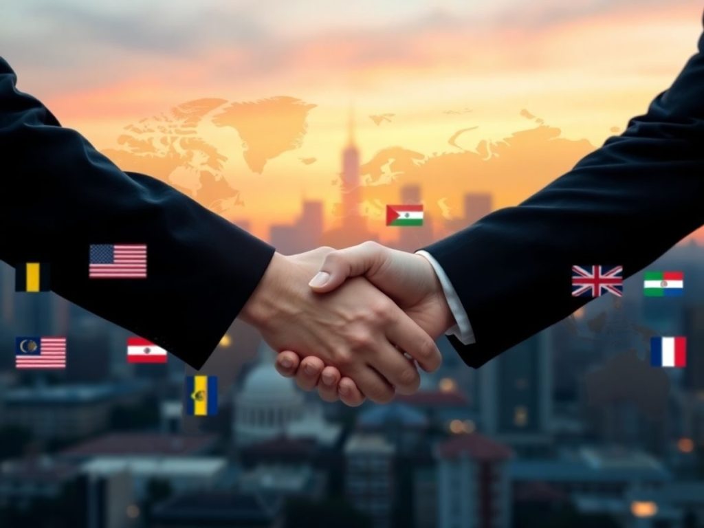 Analiza relațiilor politice internaționale: ce implică alianțele actuale 1 Hărți globale, steaguri naționale, strângeri de mână diplomatice, fundal estompat oraș