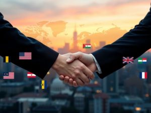 Hărți globale, steaguri naționale, strângeri de mână diplomatice, fundal estompat oraș