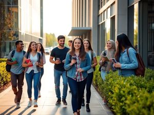 Tineri zâmbind într-un grup în aer liber, purtând rucsaci lejeri.