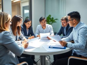 Antreprenori discutând documente legale.