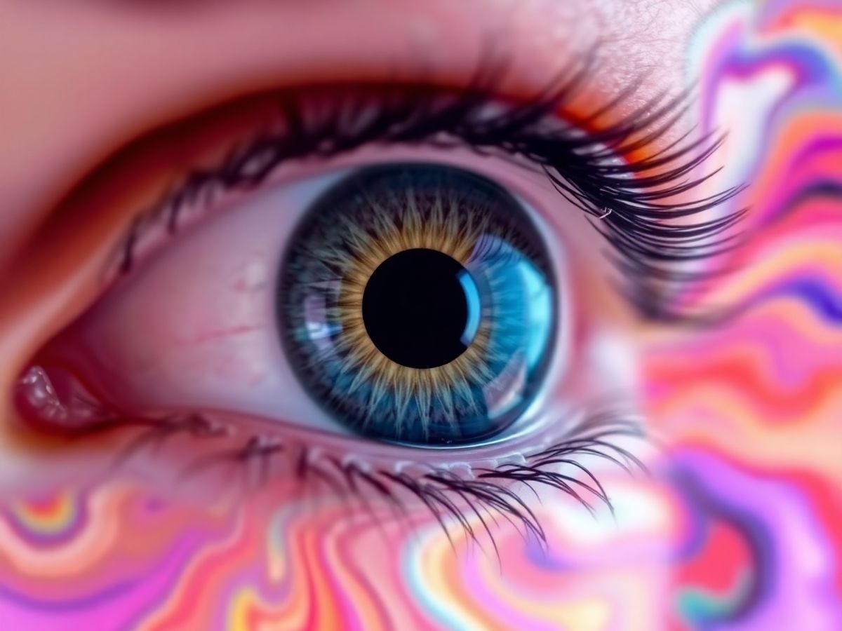 Ochi scrutând o panoramă colorată.