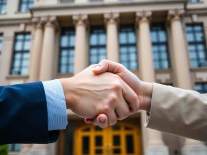 Mână strângând alta, clădire publică în fundal.