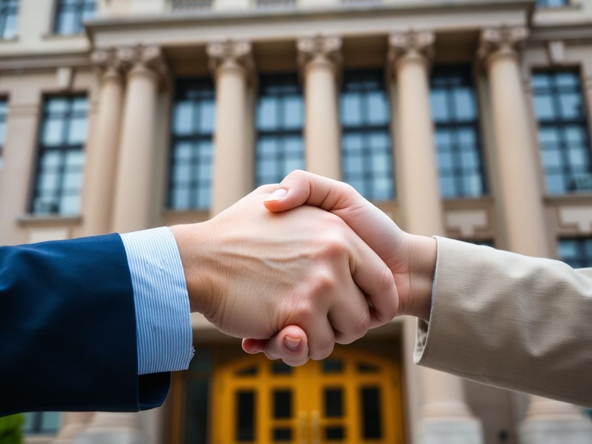 Mână strângând alta, clădire publică în fundal.