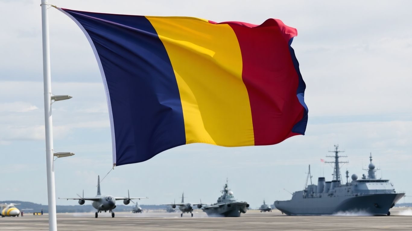 Steagul României flutură lângă avioane și nave militare.