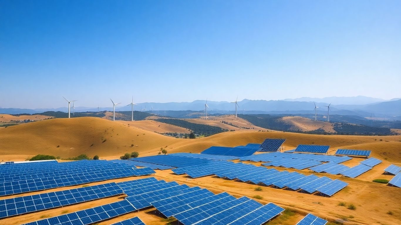 Turbine eoliene și panouri solare pe un fundal natural.