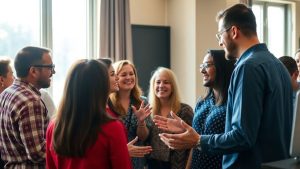 Oameni discutând constructiv în lumina soarelui.